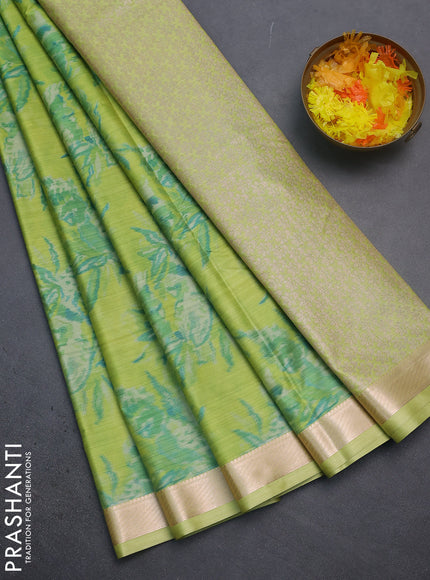 Bangalori semi silk saree fluorescent green with allover ikat weaves and zari woven border