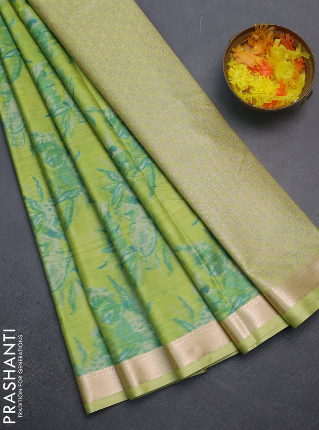 Bangalori semi silk saree fluorescent green with allover ikat weaves and zari woven border