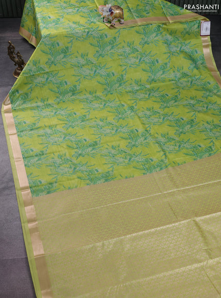 Bangalori semi silk saree fluorescent green with allover ikat weaves and zari woven border