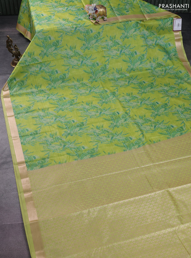 Bangalori semi silk saree fluorescent green with allover ikat weaves and zari woven border
