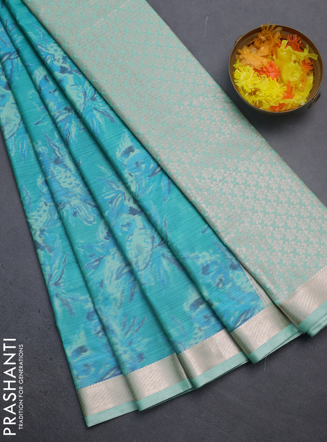 Bangalori semi silk saree teal green with allover ikat weaves and zari woven border