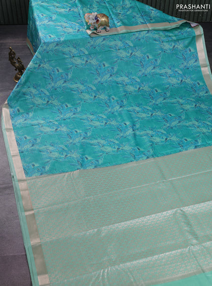 Bangalori semi silk saree teal green with allover ikat weaves and zari woven border