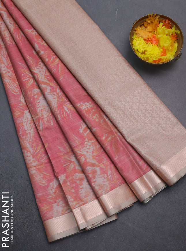 Bangalori semi silk saree peach shade and beige with allover ikat weaves and zari woven border