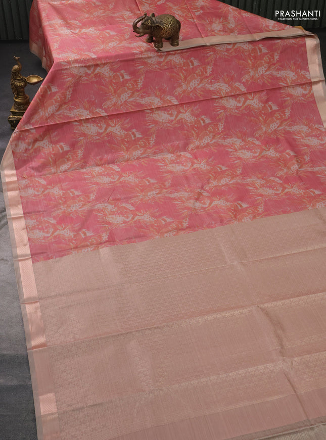 Bangalori semi silk saree peach shade and beige with allover ikat weaves and zari woven border