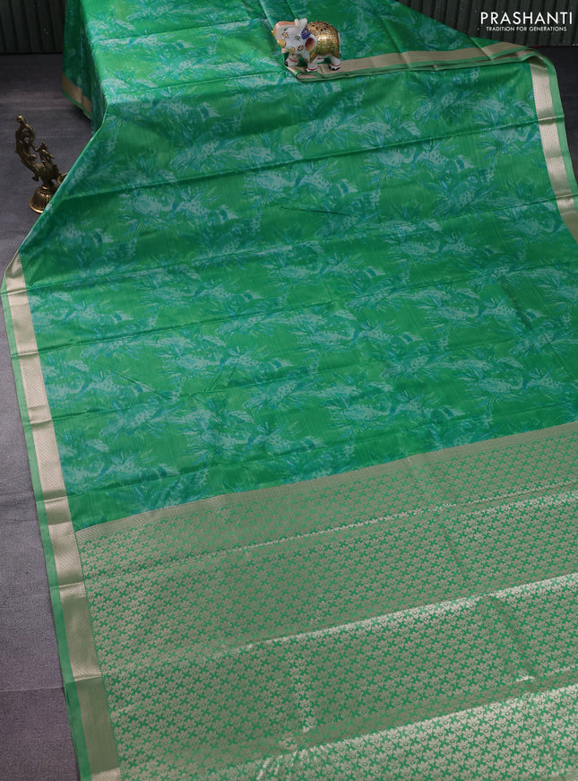 Bangalori semi silk saree green with allover ikat weaves and zari woven border