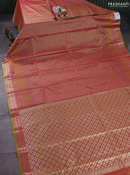 Bangalori semi silk saree dual shade of mehendi green with allover ikat weaves and zari woven border