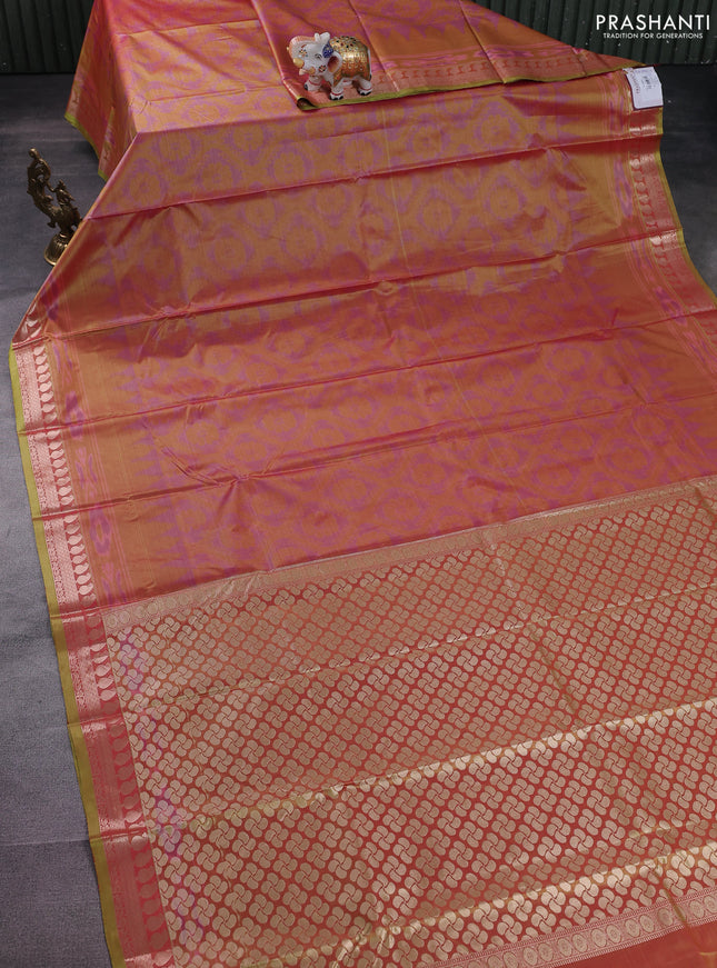 Bangalori semi silk saree dual shade of mehendi green with allover ikat weaves and zari woven border