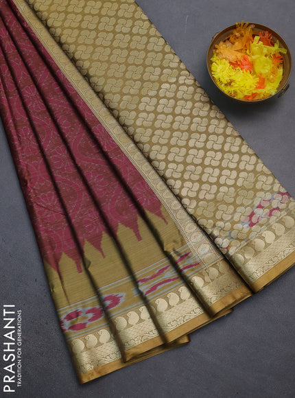 Bangalori semi silk saree rust shade pink and mehendi green with allover ikat weaves and zari woven border