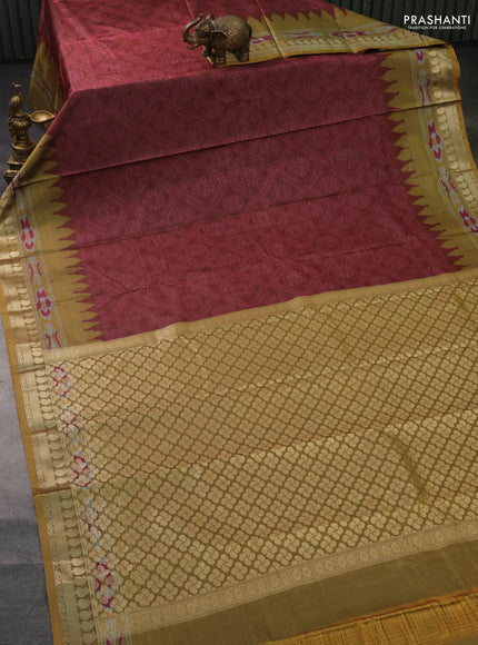 Bangalori semi silk saree rust shade pink and mehendi green with allover ikat weaves and zari woven border
