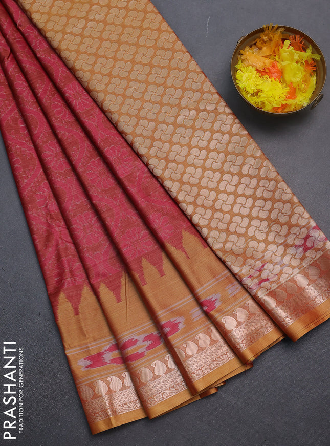 Bangalori semi silk saree maroon pink and mustard yellow with allover ikat weaves and zari woven border