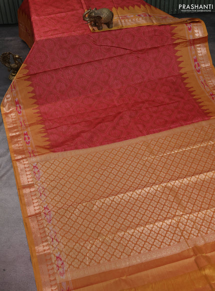 Bangalori semi silk saree maroon pink and mustard yellow with allover ikat weaves and zari woven border