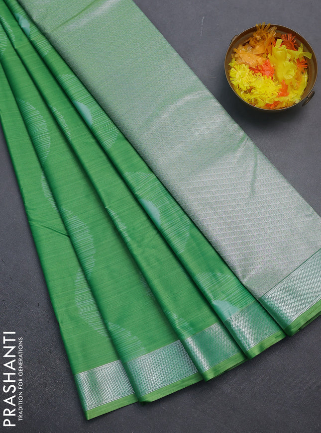 Bangalori semi silk saree green with allover ikat weaves and zari woven border