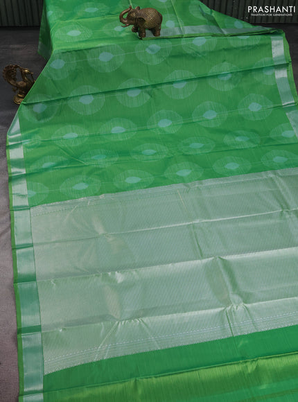 Bangalori semi silk saree green with allover ikat weaves and zari woven border