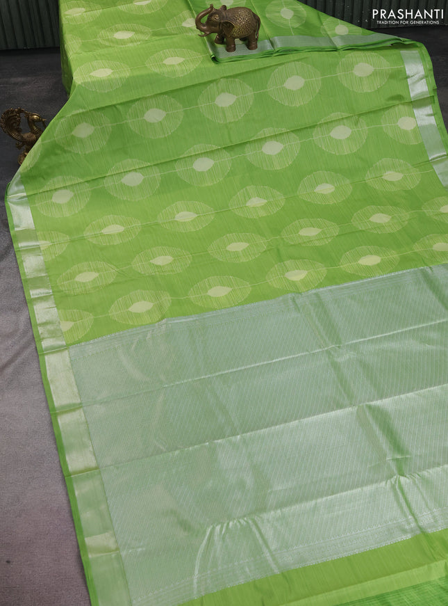 Bangalori semi silk saree light green with allover ikat weaves and zari woven border
