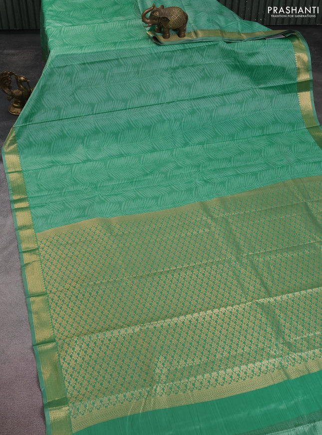 Bangalori semi silk saree teal green with allover ikat weaves and zari woven border