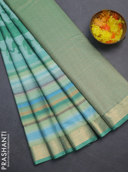 Bangalori semi silk saree teal green shade and green with allover elephant butta ikat weaves and zari woven border