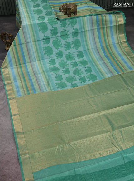 Bangalori semi silk saree teal green shade and green with allover elephant butta ikat weaves and zari woven border