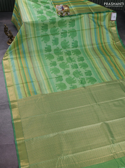 Bangalori semi silk saree light gree and green with allover elephant butta ikat weaves and zari woven border
