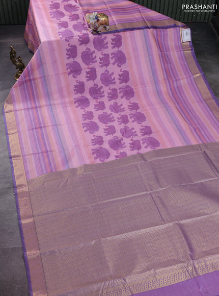 Bangalori semi silk saree light pink and purple with allover elephant butta ikat weaves and zari woven border