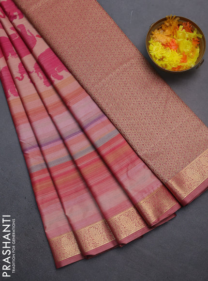 Bangalori semi silk saree sandal pink and maroon with allover elephant butta ikat weaves and zari woven border