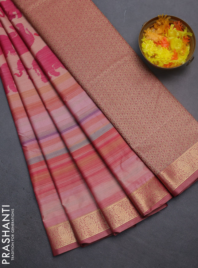 Bangalori semi silk saree sandal pink and maroon with allover elephant butta ikat weaves and zari woven border