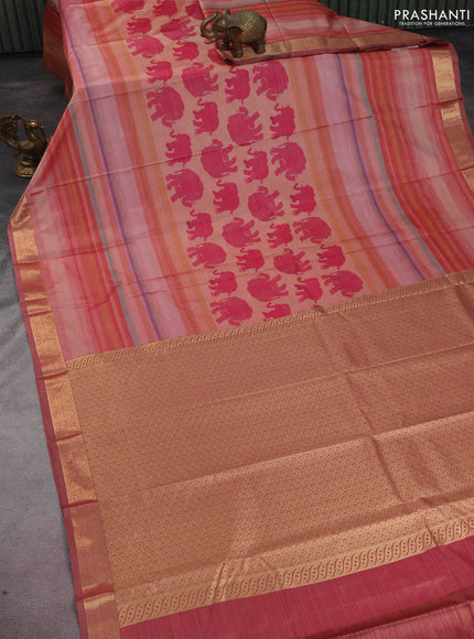 Bangalori semi silk saree sandal pink and maroon with allover elephant butta ikat weaves and zari woven border