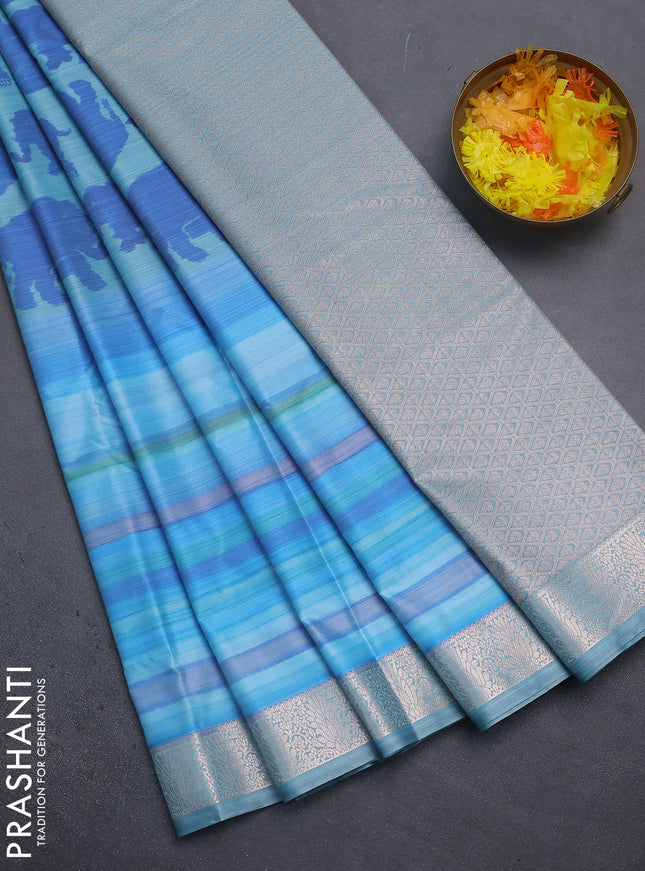 Bangalori semi silk saree pastel blue with allover elephant butta ikat weaves and zari woven border