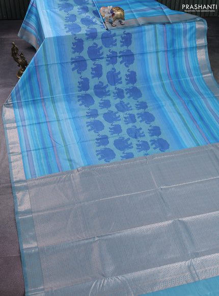 Bangalori semi silk saree pastel blue with allover elephant butta ikat weaves and zari woven border