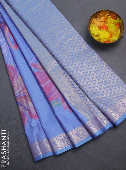Bangalori semi silk saree light blue with allover ikat weaves and zari woven border