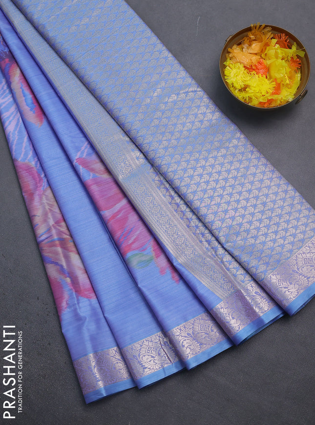 Bangalori semi silk saree light blue with allover ikat weaves and zari woven border