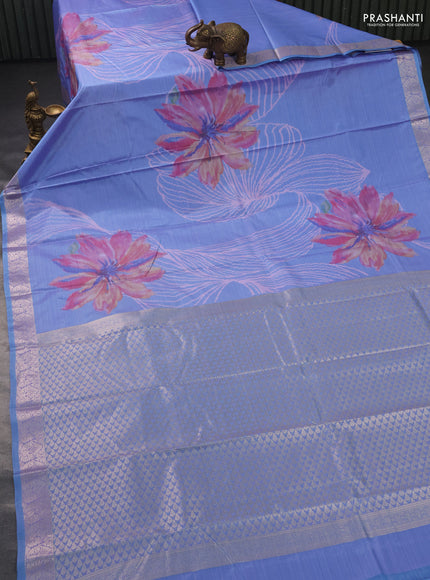 Bangalori semi silk saree light blue with allover ikat weaves and zari woven border