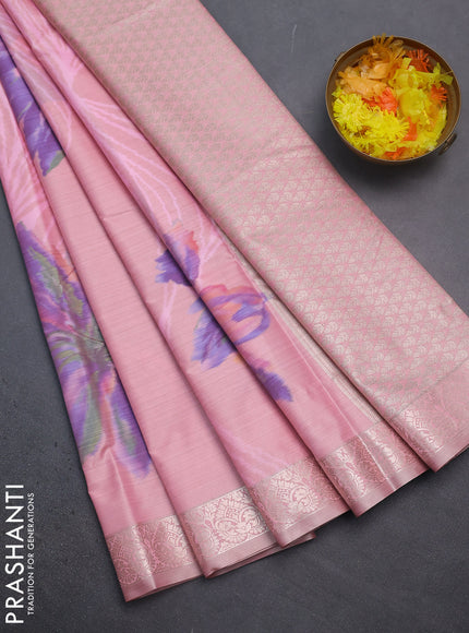 Bangalori semi silk saree peach pink with allover ikat weaves and zari woven border