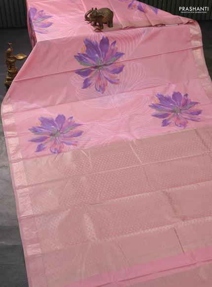 Bangalori semi silk saree peach pink with allover ikat weaves and zari woven border