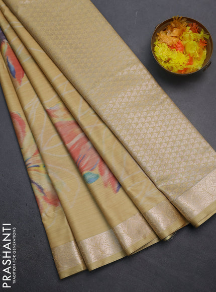 Bangalori semi silk saree sandal with allover ikat weaves and zari woven border