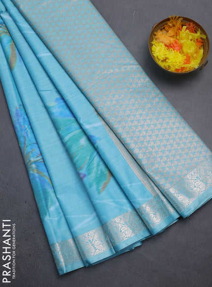 Bangalori semi silk saree light blue with allover ikat weaves and zari woven border