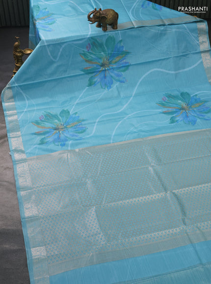 Bangalori semi silk saree light blue with allover ikat weaves and zari woven border