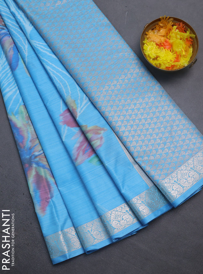 Bangalori semi silk saree light blue with allover ikat weaves and zari woven border