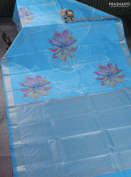 Bangalori semi silk saree light blue with allover ikat weaves and zari woven border