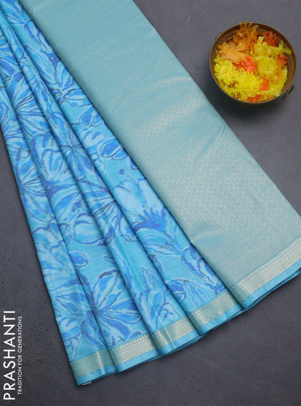 Bangalori semi silk saree light blue with allover ikat weaves and zari woven border