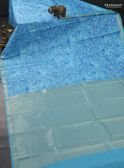 Bangalori semi silk saree light blue with allover ikat weaves and zari woven border