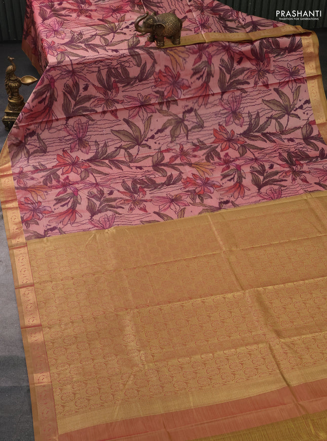 Bangalori semi silk saree pastel peach and mehendi green with allover ikat weaves and zari woven border