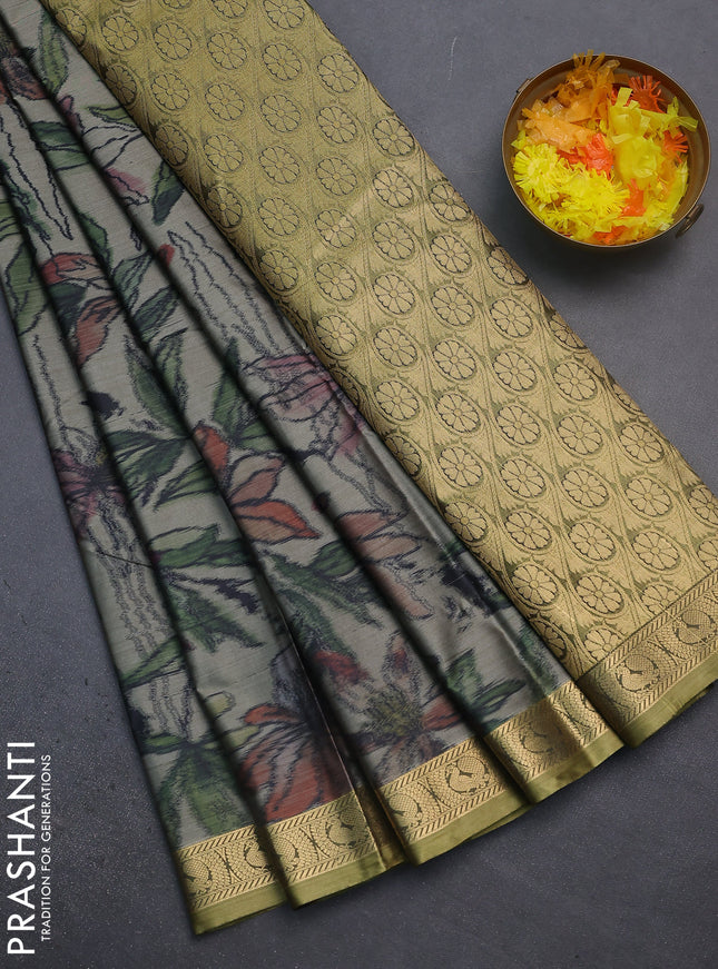 Bangalori semi silk saree grey and mehendi green with allover ikat weaves and zari woven border