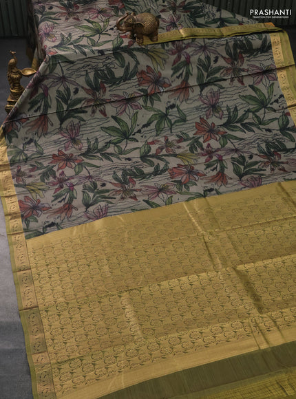 Bangalori semi silk saree grey and mehendi green with allover ikat weaves and zari woven border