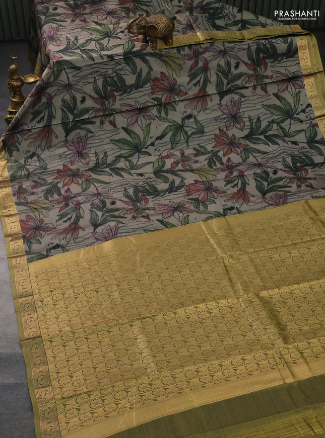 Bangalori semi silk saree grey and mehendi green with allover ikat weaves and zari woven border