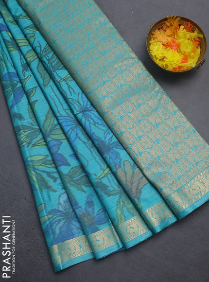 Bangalori semi silk saree teal green shade with allover ikat weaves and zari woven border