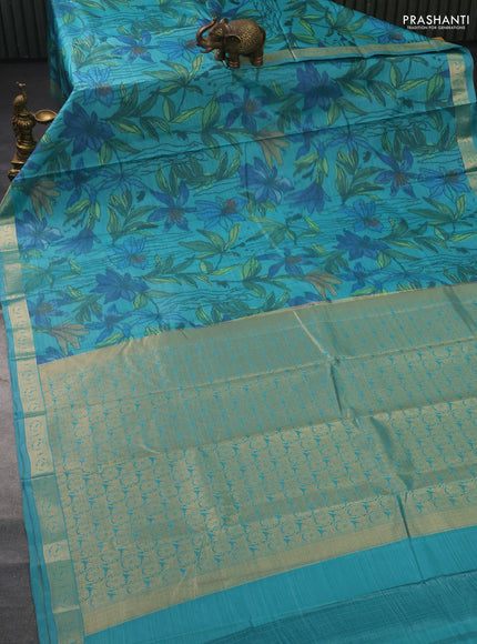 Bangalori semi silk saree teal green shade with allover ikat weaves and zari woven border