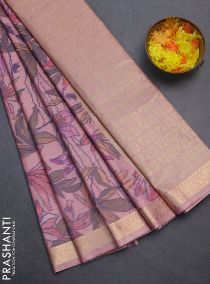 Bangalori semi silk saree pastel peach with allover ikat weaves and zari woven border