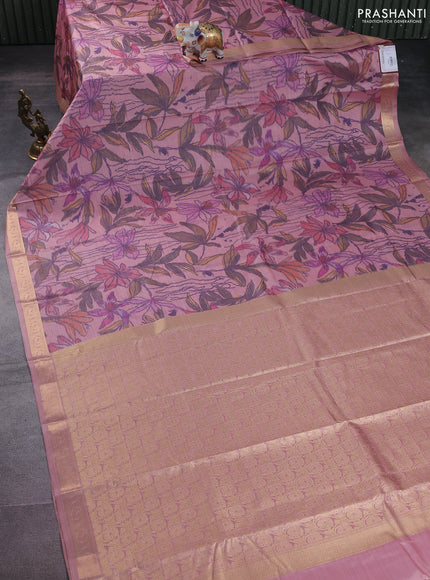 Bangalori semi silk saree pastel peach with allover ikat weaves and zari woven border