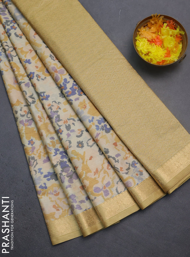 Bangalori semi silk saree beige and sandal with allover ikat weaves and zari woven border