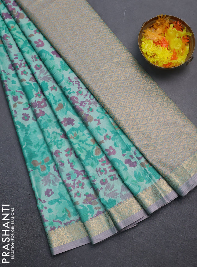 Bangalori semi silk saree teal green shade with allover ikat weaves and zari woven border